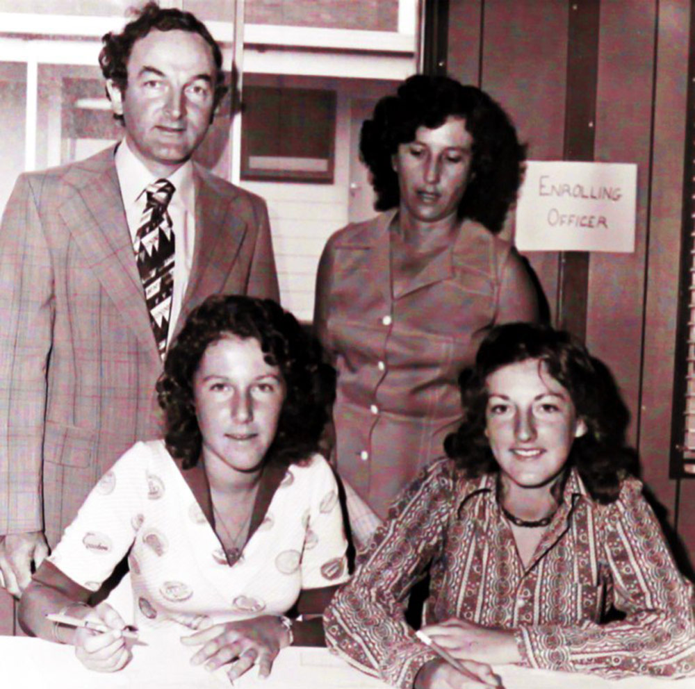 Associate Professor Colm Kiernan (Department of History), with his wife Joan and daughters Margaret and Carol at the UOW student Enrolling Centre (1975)