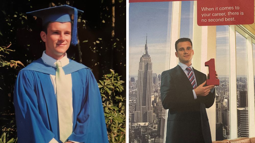 Collage of two photos. Geoff Rooney in his graduation cap and gown during Graduation. A photo taken from a page of a Chartered Accountants brochure featuring a smiling Geoff Rooney in a suit against a cityscape. Photos: supplied