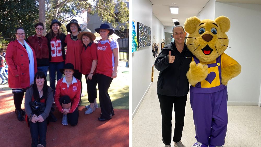 A collage of two photos. Kids' Uni educators smile at the camera, dressed in all red for Red Nose Day. Kids' Uni educator Jenni Smith with Braveheart's lion cub mascot Ditto.