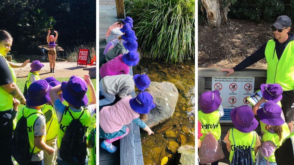 A collage of photos of Kids' Uni children exploring the UOW С campus. The children are in high vis vests and bucket hats. Walking across campus, pointing to insects in the water and listening during a tour.