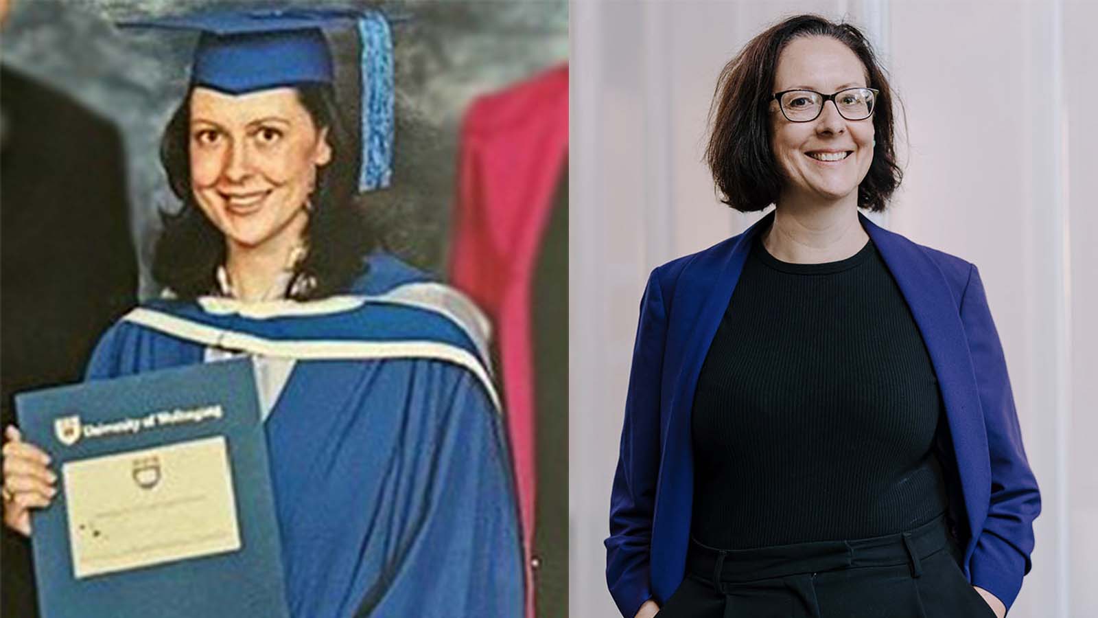 A before and after style collage of a woman. On the left, she is in her early 20s and wearing a blue graduation cap and gown, holding a certificate. On the right she is wearing a black shirt, blue blazer and standing in front of an opaque plastic wall.