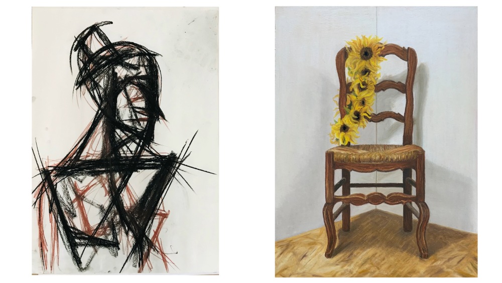 Two artworks side-by-side. On the left, a charcoal drawing of an abstract figure. On the right, an oil painting of a necklace made of sunflowers hangs on the back of a chair.
