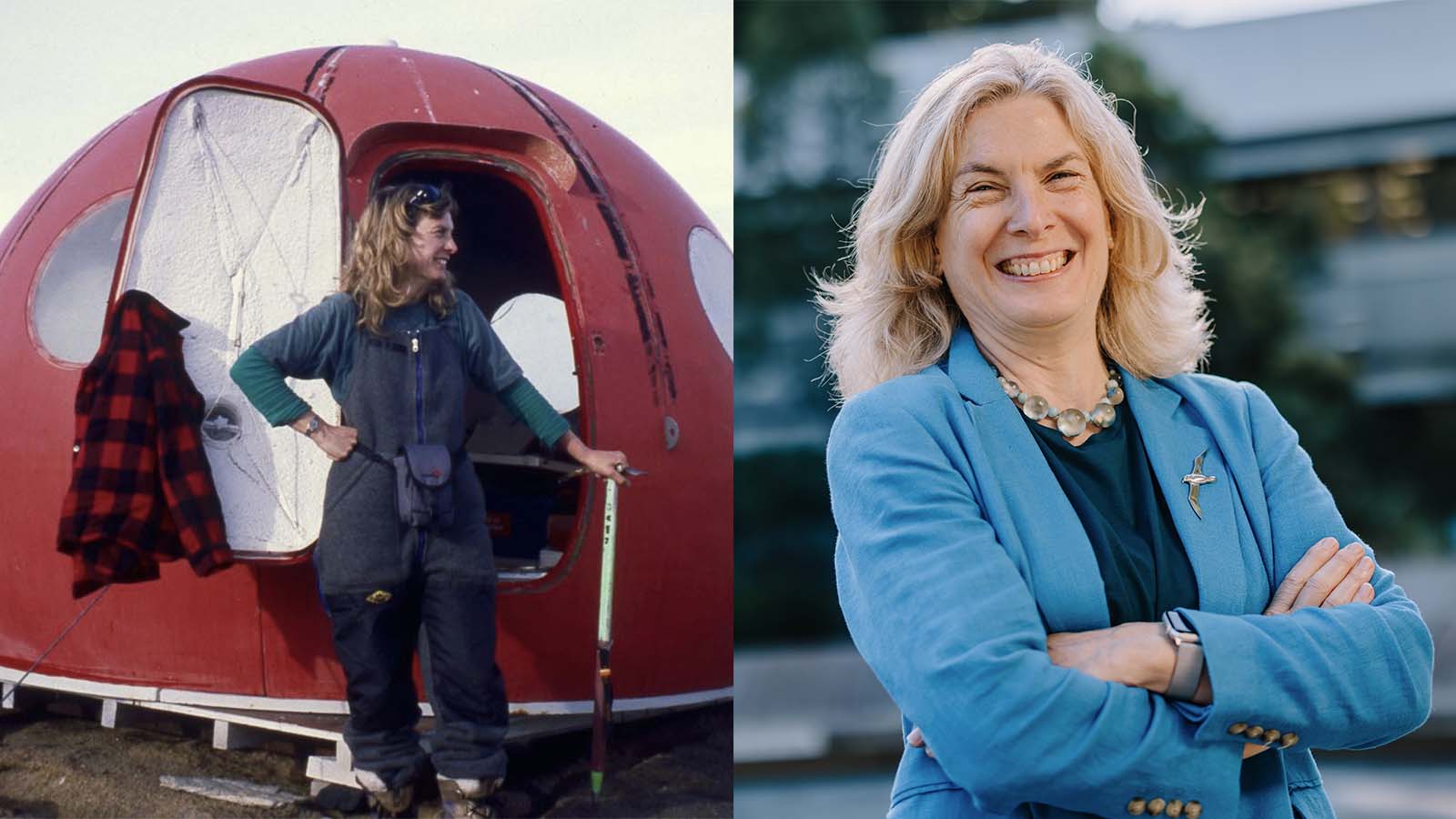A before and after style collage of a woman. On the left the woman is standing in front of a red metal pod-style tent in Antarctica. She is wearing thermal overalls, standing, smiling with her hand on her hip. On the right, she is smiling with her arms crossed, wearing a dark blue shirt and light blue blazer..