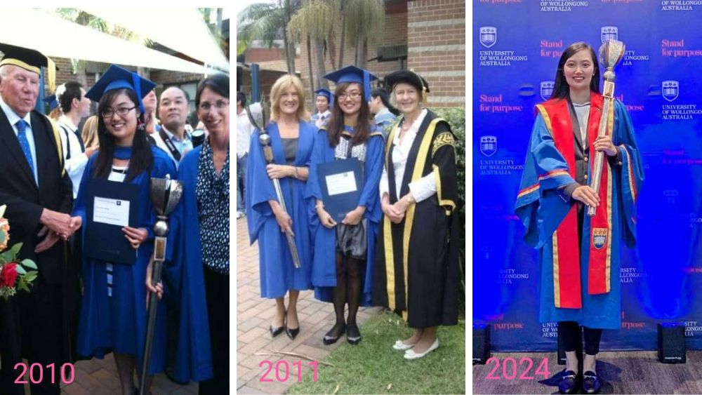 Dr Susan Zhang at all three of her UOW graduations in 2010,2011 and 2024. Photos supplied