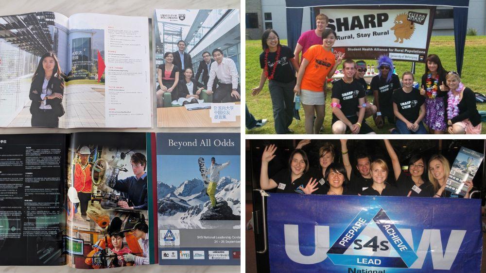 Collage of photos from Susan Zhang's undergraduate years at UOW. Collection of UOW and UOW College material using Dragon Translating and Interpreting Services for Chinese market and photos from various student activities.