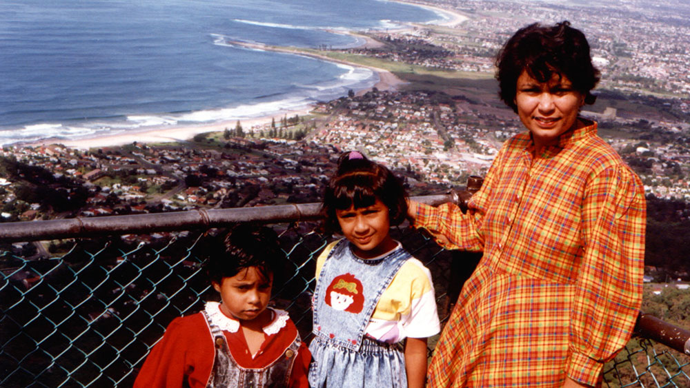 Anuradha Gupta and her two daughters pictured at Sublime Point Lookout in 1991.