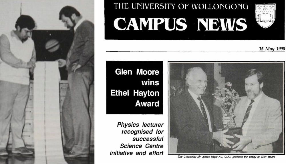 Features two images: on the left, people at a science exhibit; on the right, a newspaper front page 