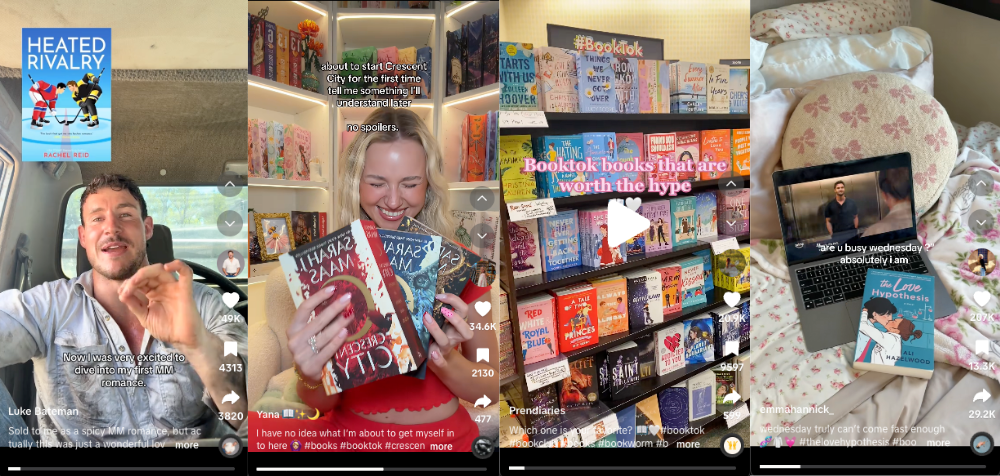 Screenshot of four TikTok videos from BookTok content creators sharing recommendations and reviews.