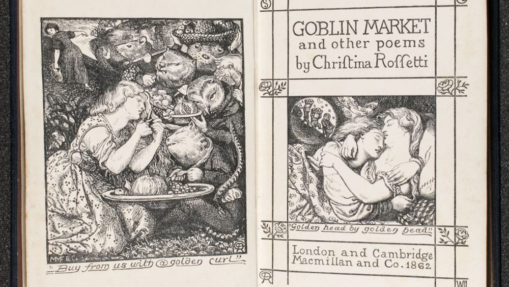 Inside cover of Goblin Market by Christina Rosetti featuring artwork by Dante Gabriel Rossetti