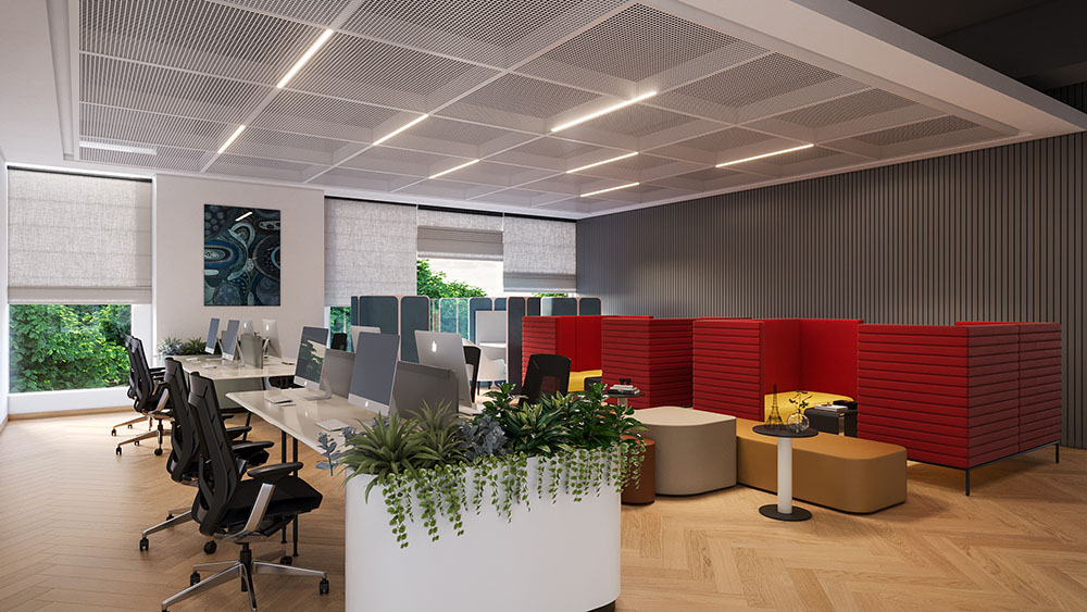 A 3D rendering of an informal learning area at UOW India