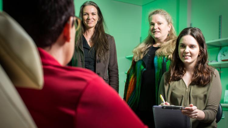 The researchers are Professor Barbara Meyer, PhD candidate Lauren Roach, and Dr Pia Winberg takes notes from research subject