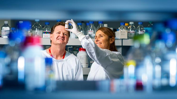 IHMRI Professors look at a test tube in a medical research laboratory