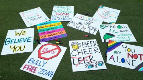 A bunch of handmade posters laying on the grass