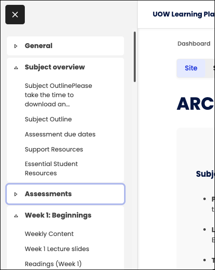 Screenshot Moodle page- Coursemenu expanded