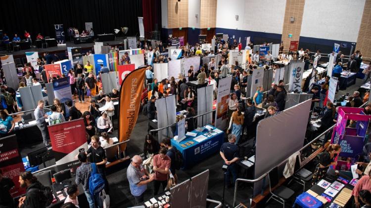 Overhead view of attendees at a tradefair