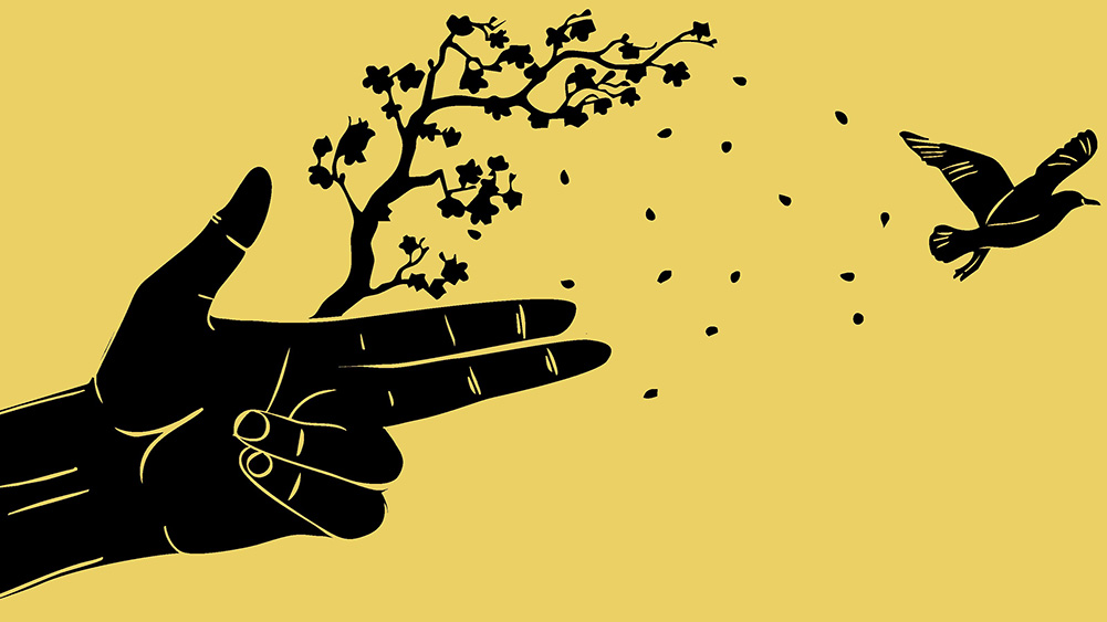Silhouette of a hand mimicking a gun, releasing seeds from a tree branch, with a bird flying away against a yellow background.
