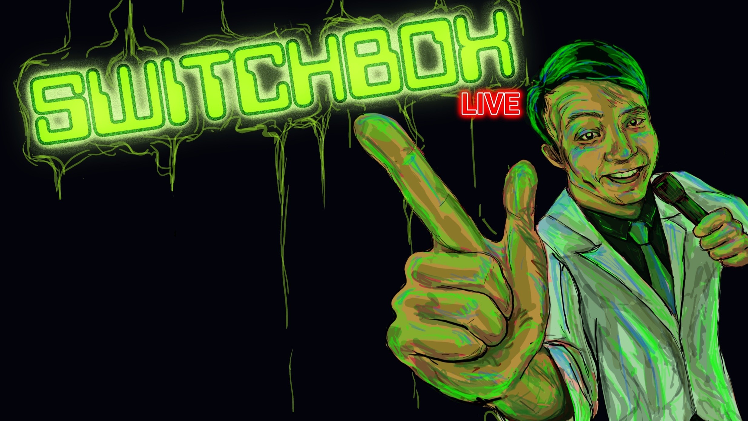 An illustration of a young man looking upat the userhe has his thumb and forefinger outstretchedposing as an L