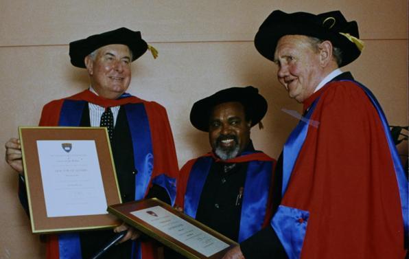 An image of Sir Michael Somare, centre, with Gough Whitlam and Sir John Gorton receiving their Honorary Doctor of Letters at UOW. 