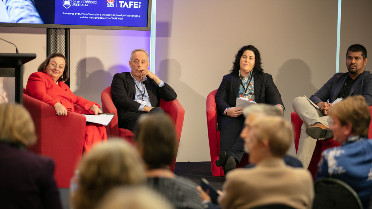 UOW Vice-Chancellor Professor Patricia M. Davidson, former NSW Premier and Health Minister the Hon Morris Iemma, Human Services Skills Organisation CEO Ms Jodi Schmidt and TAFE NSW Chief Strategy and Commercial Officer Dr Naidoo at the Advancing Careers in Healthcare Forum
