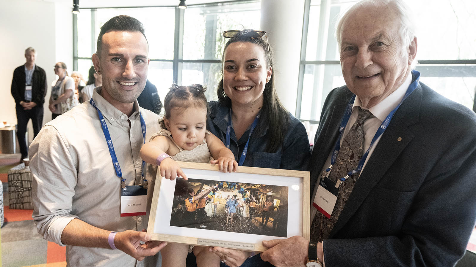 John Addison and Rachel Micaleff with Chris Abbott at the celebration for Early Start Discovery Space