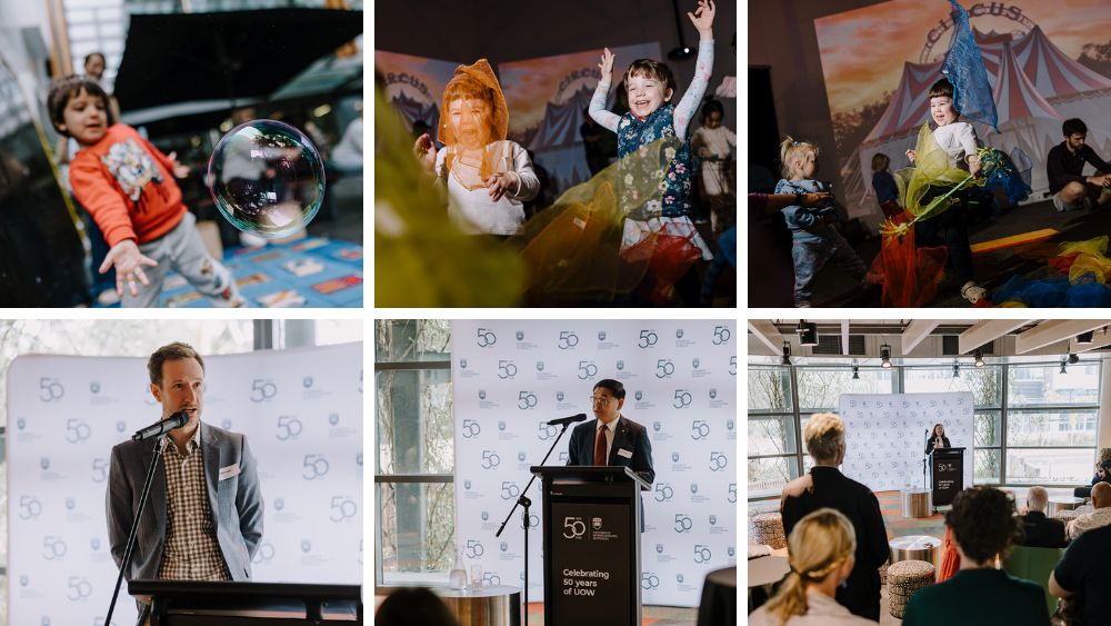A collage of six photos of children playing and officials presenting at the Festival of Play at the Early Start Discovery Space.