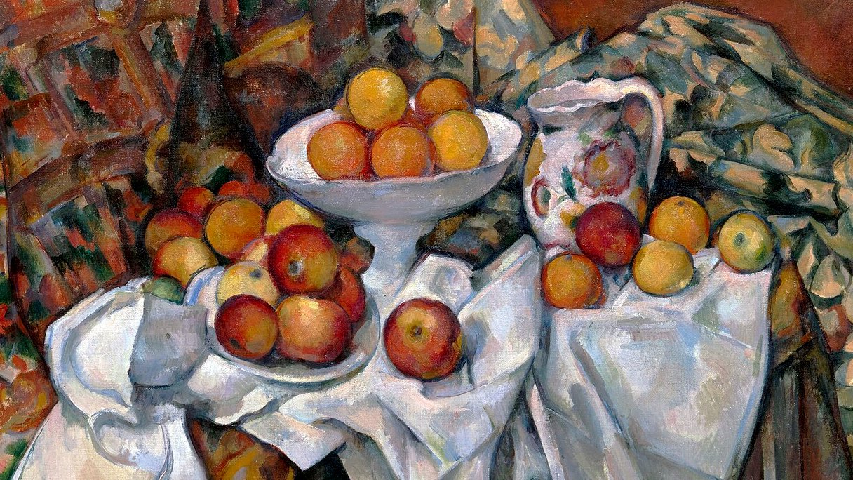 Nature morte aux pommes et aux oranges, par Paul Cézanne. Paul Cézanne, Public domain, via Wikimedia Commons