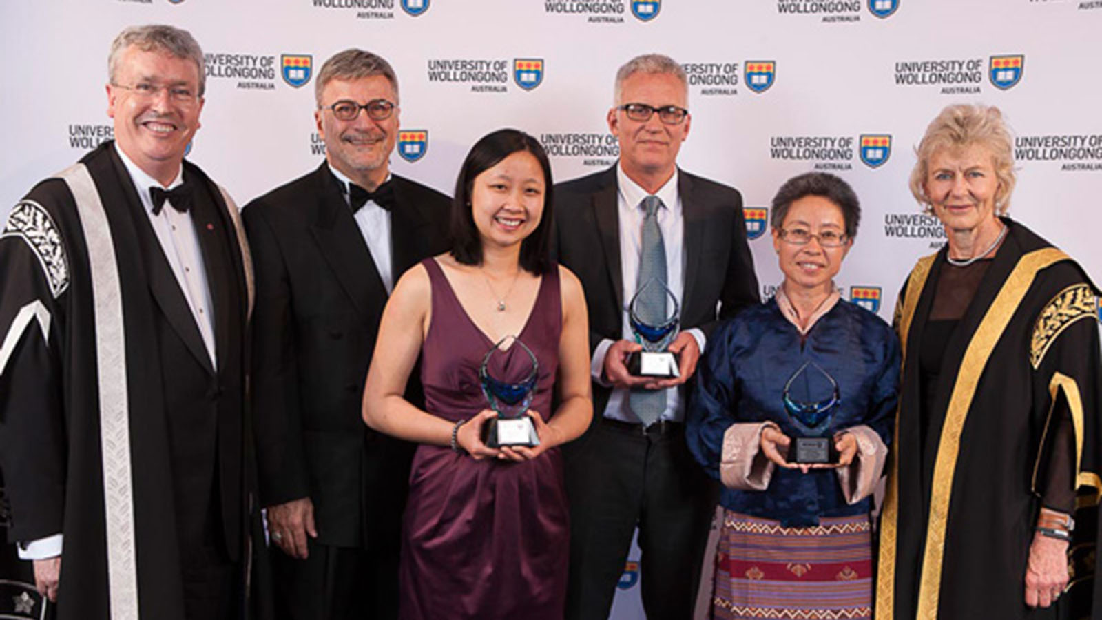 From left: Vice-Chancellor Paul Wellings, CBE, Silvio Rivier (Award Orator and alumnus), Dr Teena Downton, Grahame Gould, The Honourable Tashi Wangmo, Chancellor Jillian Broadbent AO