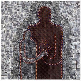 Artwork: Karla Dickens, Shining II , 2009 acrylic paint, fabric and Mother of Pearl on canvas 51 x 51 cm University of Wollongong Art Collection, donated through the Australian Government’s Cultural Gifts Program by John F Morrissey, 2018 ©Karla Dickens, Courtesy of Sullivan + Strumpf