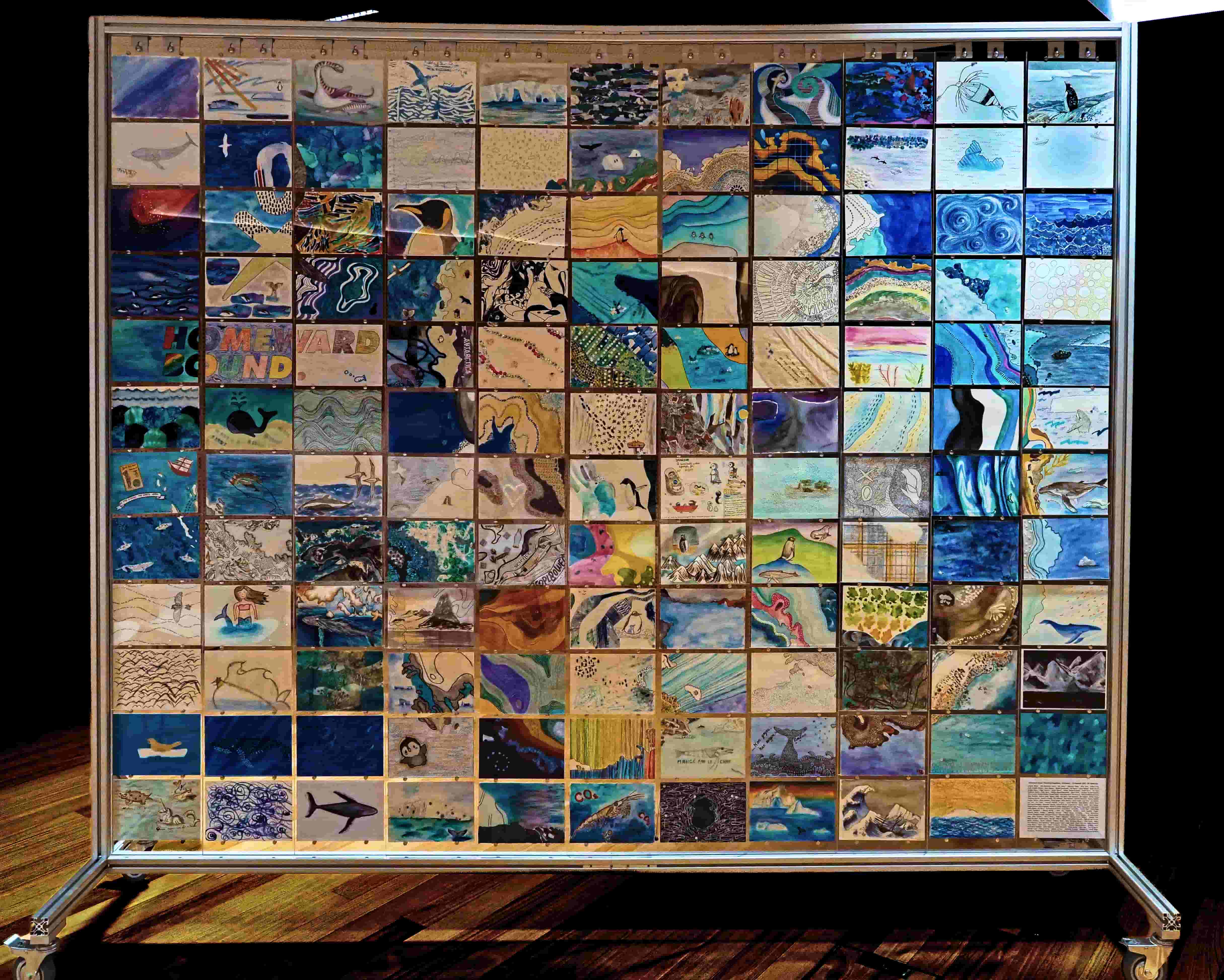 A wall of vibrant postcards, all created by researchers aboard the Homeward Bound expedition to Antarctica. Photo: Cat Nielsen