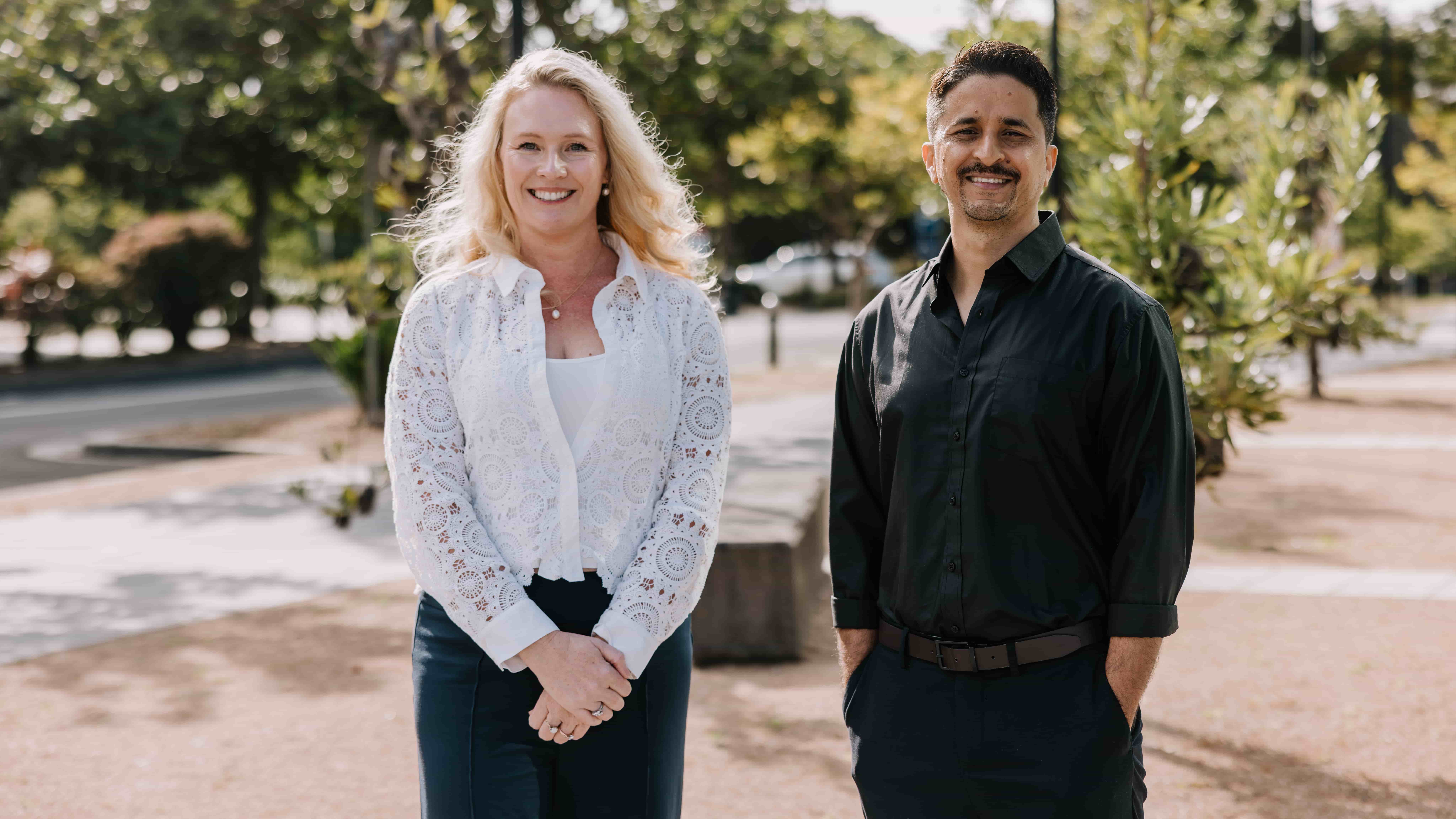 Sabina Clapham and Dr Arjun Poundel stand outside a building on UOW's Innovation Campus. They are both smiling and look relaxed. Photo: Michael Gray