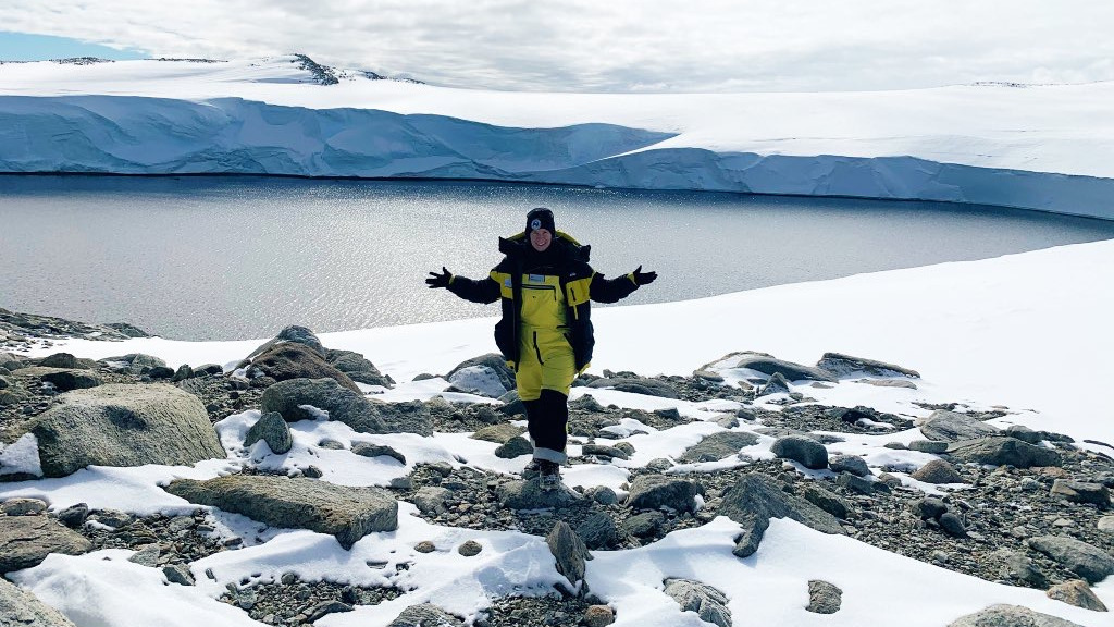 Georgia Watson stands among the icy surrounds of Antarctica during her Homeward Bound voyage in 2025. Photo: Perry Bragg-Dale