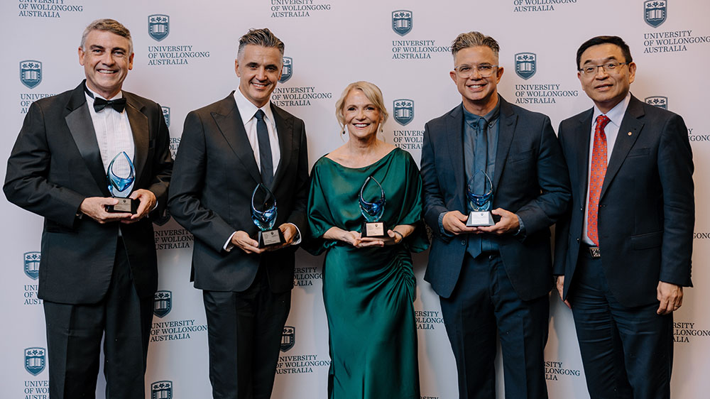 2026 Alumni Awards winners Mark Swinnerton, Ricardo Gonçalves, Dr Suzy Green and Joe Williams with Vice Chancellor Professor Max Lu.