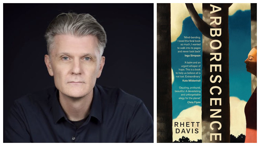 a portrait of author Rhett Davis alongside the cover of his novel Aborescence.
