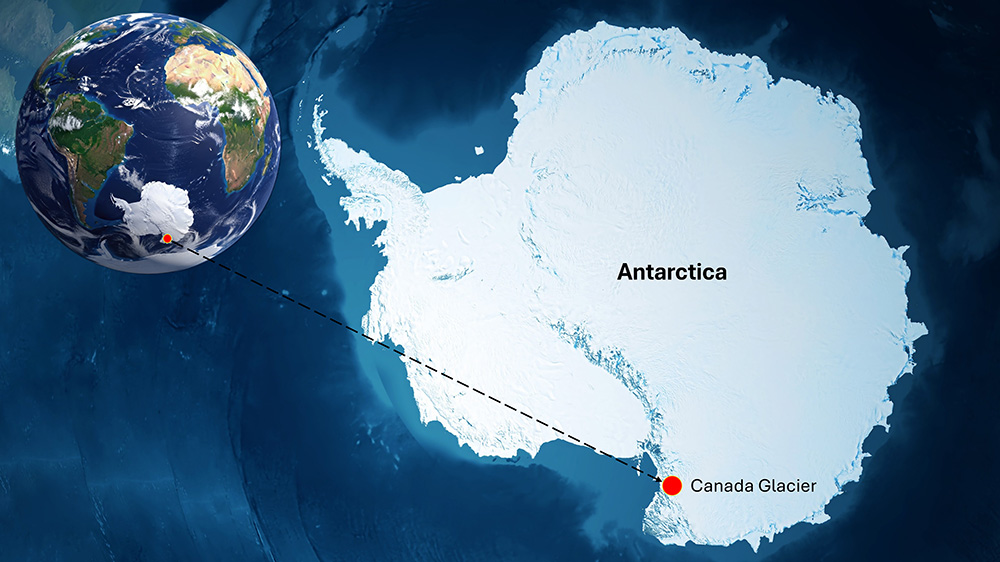 A map of Antarctica showing the location of Canada Glacier.