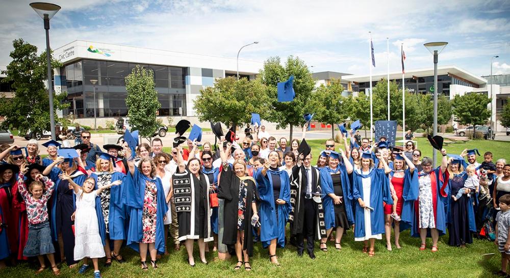 Vice-Chancellor Professor Patricia Davidson celebrates with graduates at the January 2022 graduation ceremony at UOW's Bega campus