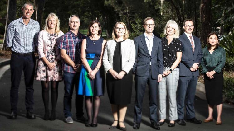 DVC R&I Jenny Martin (centre) with Health Ecroyd, Karen Charlton, Michael Higgins, Victoria Traynor, Theo Farrell, Sarah O'Shea, Thomas Astell-Burt and Millicent Chang