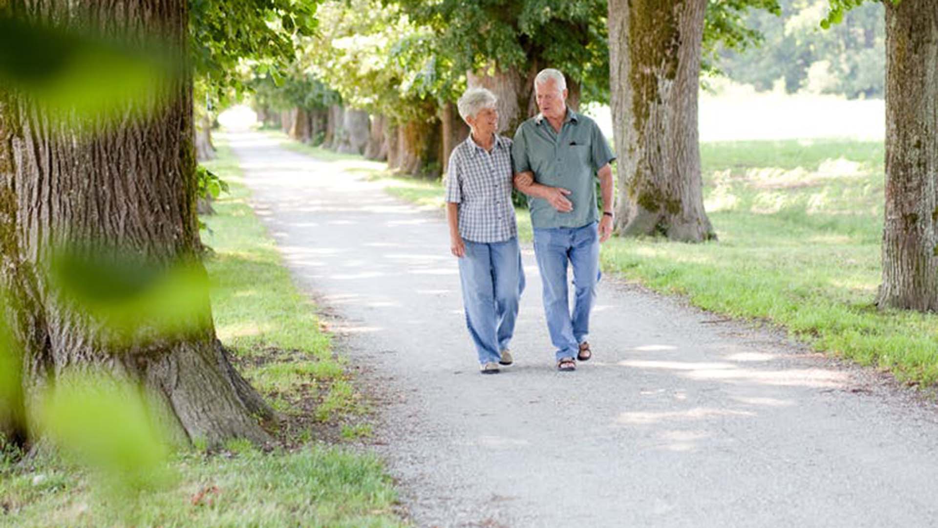 Older couple walking in park