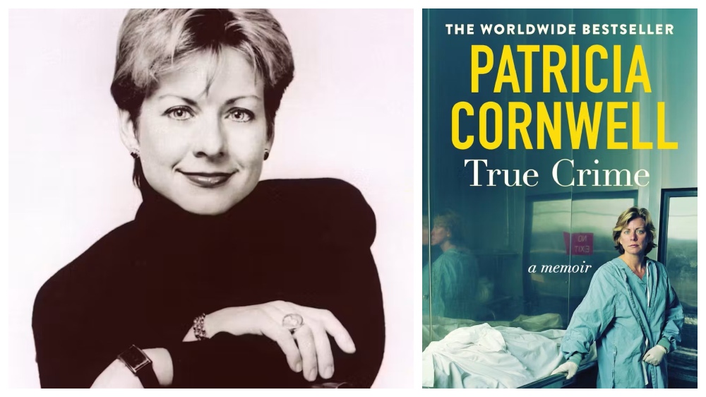 A portrait of the author Patricia Cornwall alongside the cover of her autobiography, True Crime.