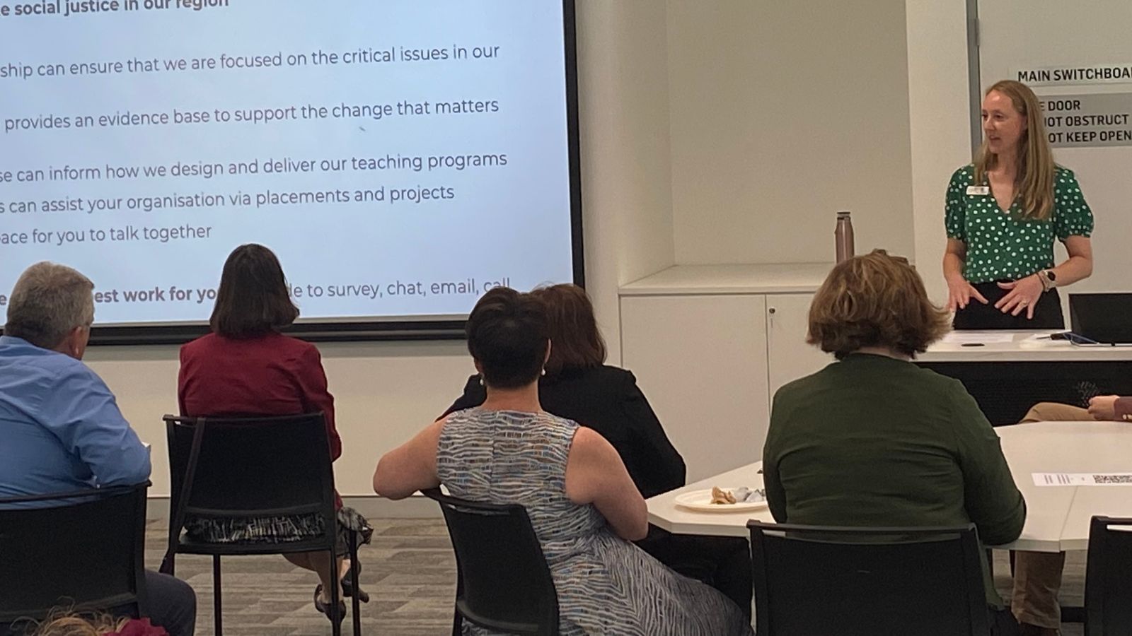 Dr Natalia Hanley presents to attendees at the Criminology and Social Policy Hub launch on 14 November 2023