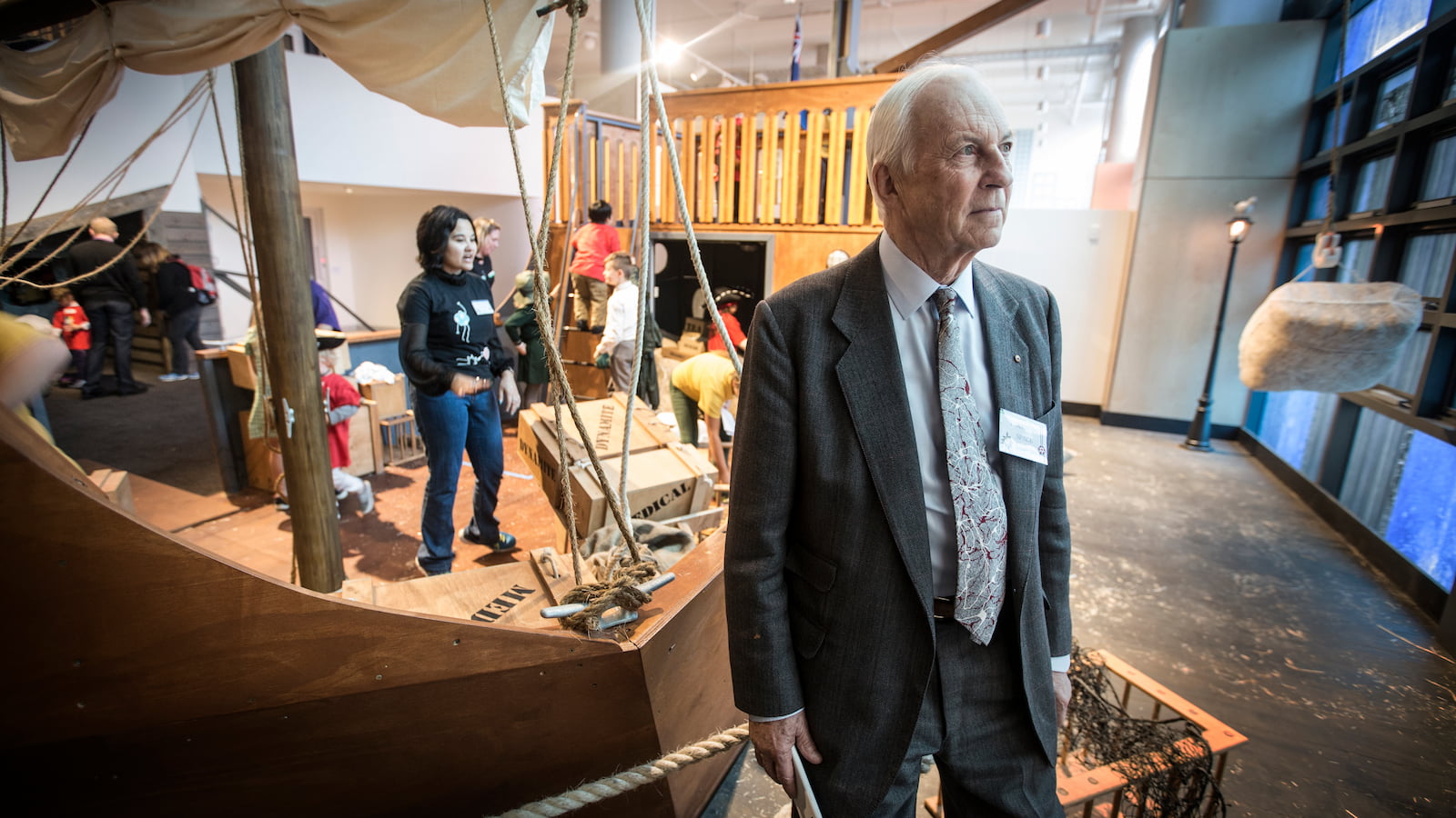 Christopher Abbott at the Discovery Space launch in 2015 with children playing in the background. Photo: Paul Jones