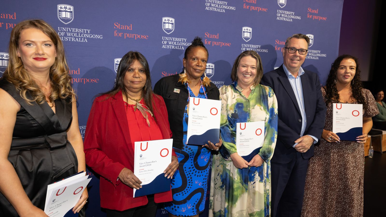 Award recipients, Djiringanj Indigenous community members Aunty Ellen Mundy and Bronwyn Luff, Emma Stewart, Samantha Avitaia and Linda Hatcliffe were awarded the Vice Chancellor’s Indigenous Advancement Award on Thursday 22 October 2024. Photo: Mark Newsham