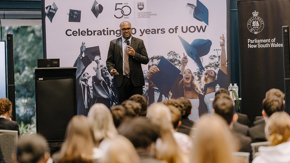 UOW Dean of Law Professor Dilan Thampapillai talks to Year 11 legal studies students about the transformative Mabo land rights decision