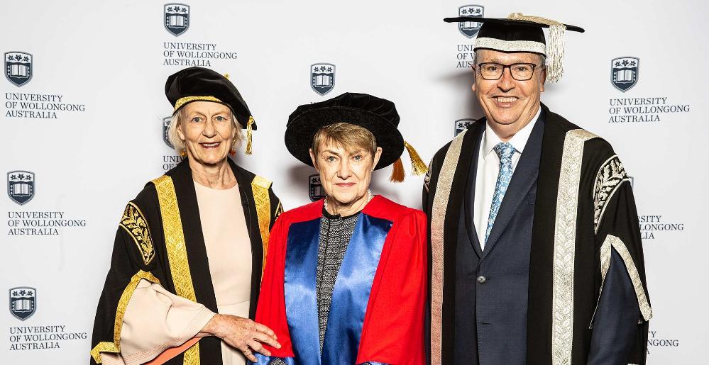 UOW Chancellor Jillian Broadbent and Vice-Chancellor Professor Paul Wellings with Elizabeth Proust. Photo: Paul Jones