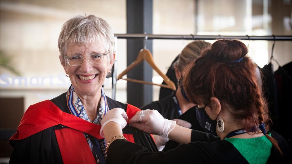 Emeritus Professor Amanda Lawson prepares for the ceremony. Photo: Paul Jones
