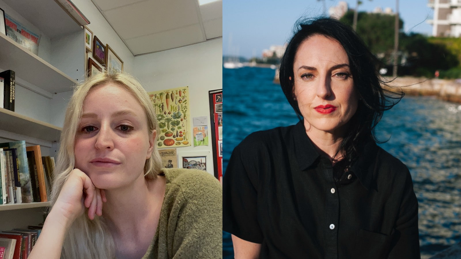 A composite image of Ellie Crookes (left) and Emma Darragh. Ellie sits in an office while Emma sits against an ocean backdrop.