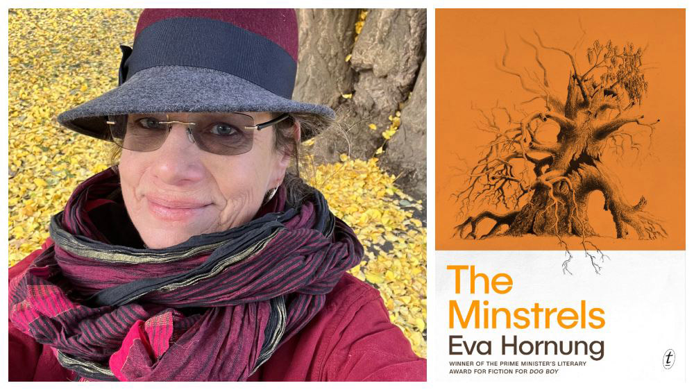 A portrait of author Eva Hornung alongside the cover of her novel, The Minstrels