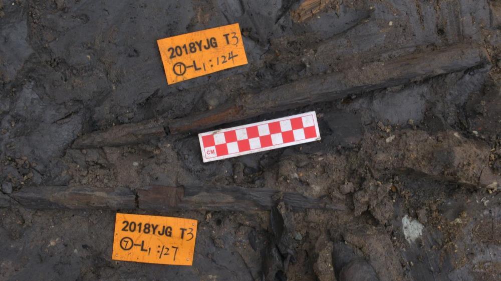 A long wooden stick is seen after it was excavated from clay. Photo: Bo Li