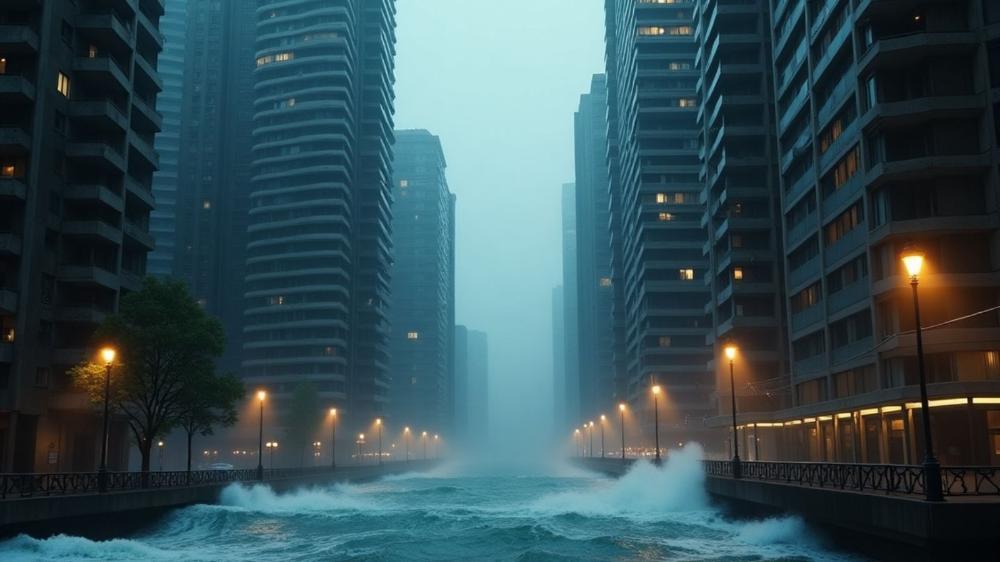 High rise buildings in moody lighting with rough waves and water in-between them