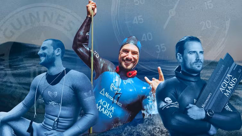 A composite of images of Croatian freediver Vitomir Maričić.