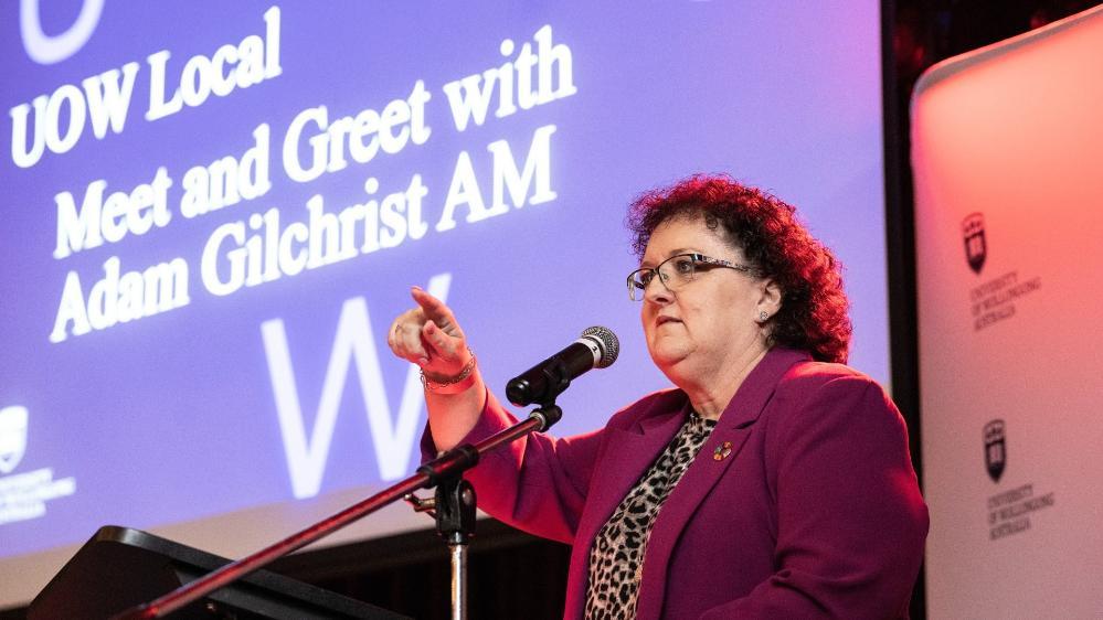 Tania Brown talks on stage at the UOW Local event at UniBar. Photo: Paul Jones